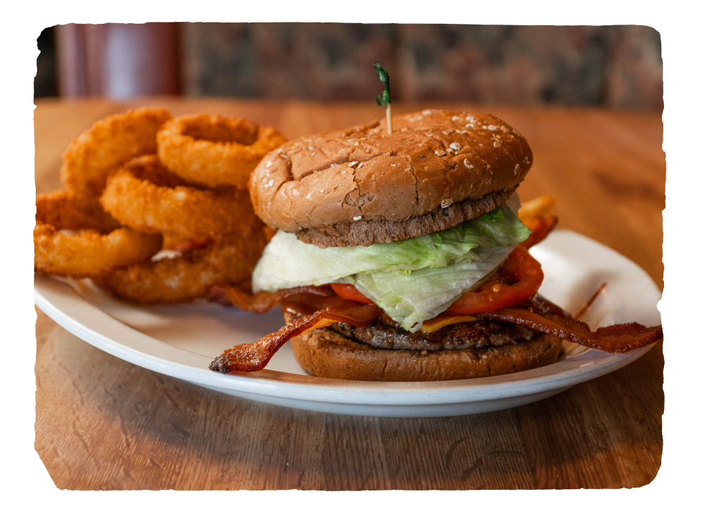 burger bacon onion rings lunch